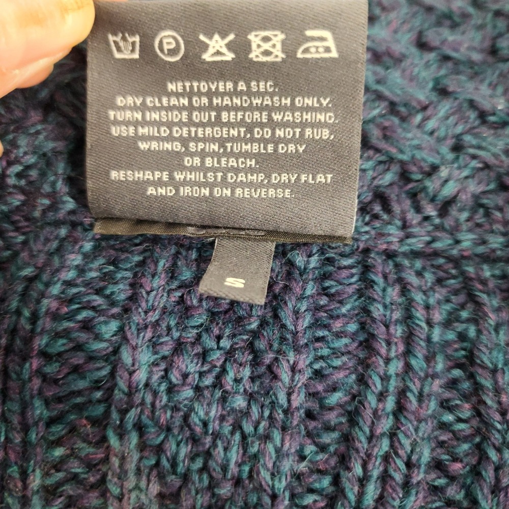 Aran Woollen Mills Small | Blue Merino Wool Cable Knit Full Zip Cardigan Sweater - Picture 6 of 7